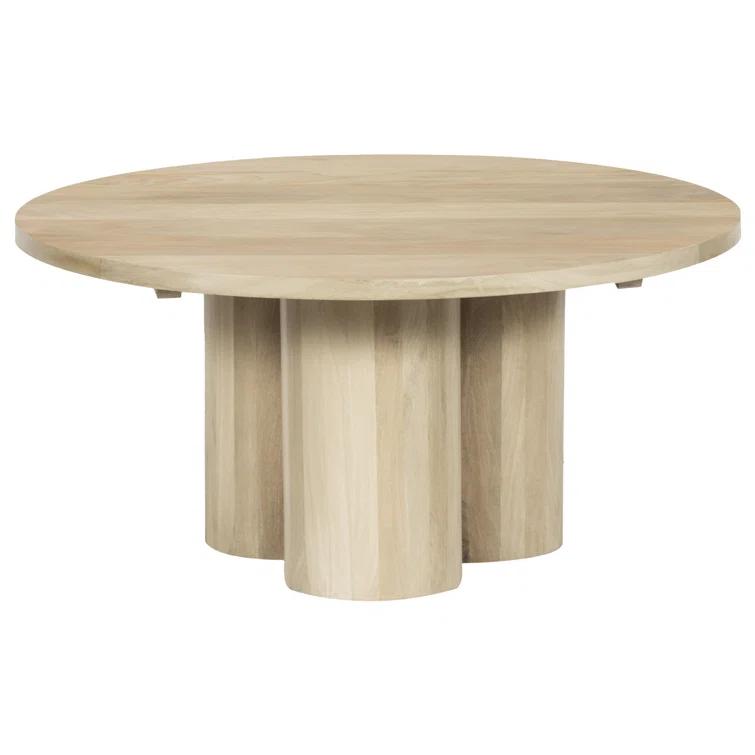 The Urban Port Hazel Coffee Table with 3 Pillar Legs, 35.5 Inch Round Top, Natural Brown Mango Wood