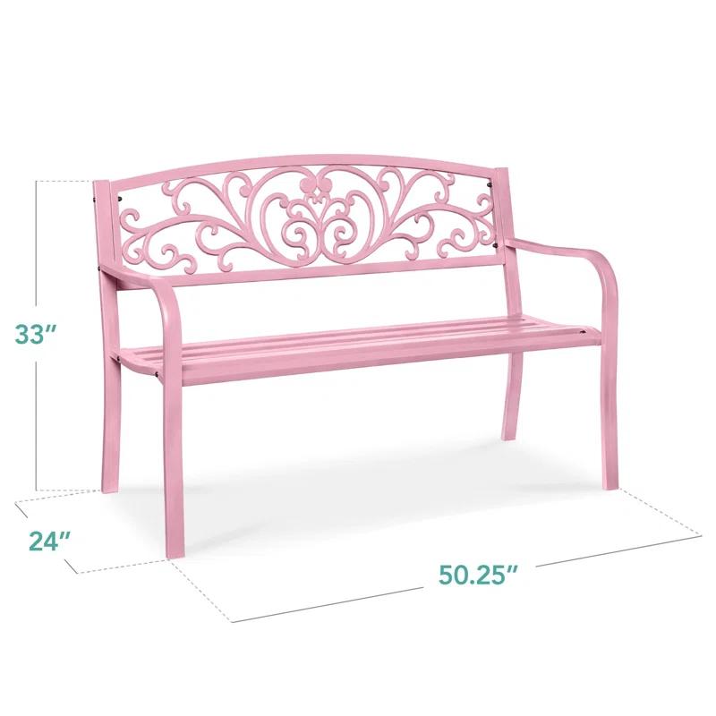 World Menagerie Outdoor Steel Bench with Floral Backrest & Slatted Seat, Marigold for Garden, Patio, Porch, Lawn, and Deck
