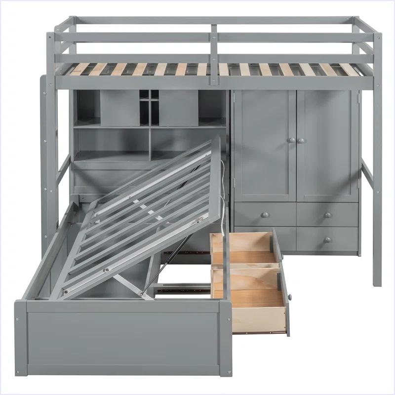 yuanhuan Twin Bunk Bed With Drawers, Wardrobe, Storage Shelves And Hydraulic Bed