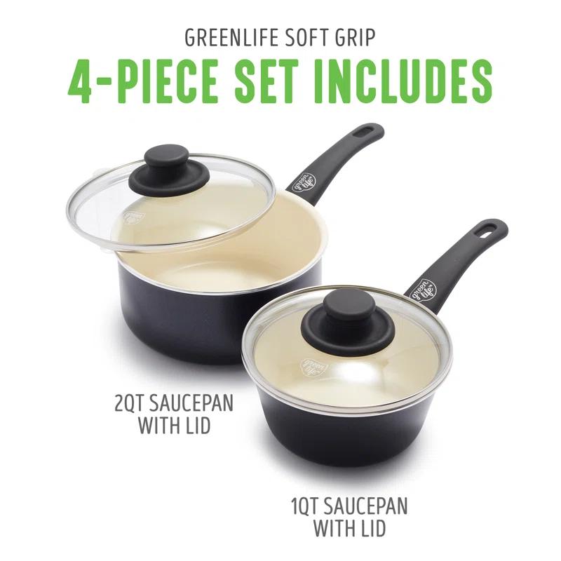 GreenLife GreenLife Soft Grip Healthy Ceramic Nonstick, 1QT And 2QT Saucepan Pot Set With Lids, Dishwasher Safe