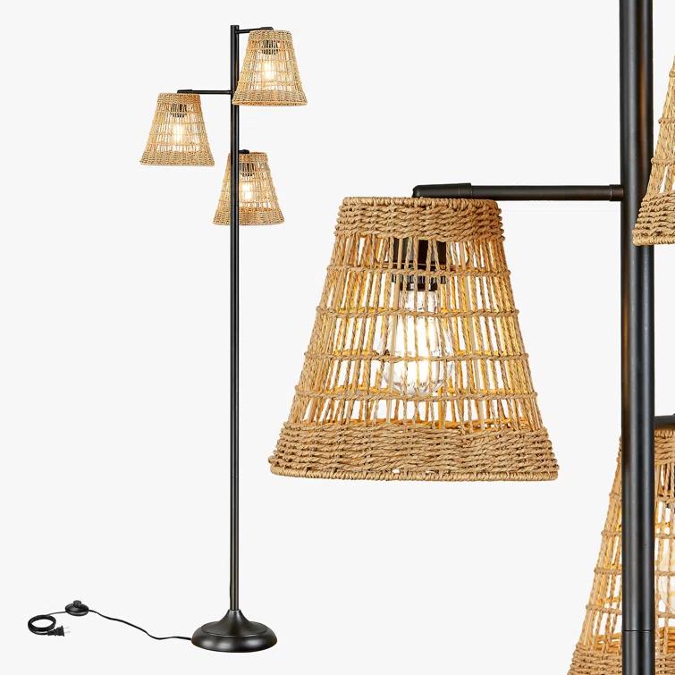 Winston Porter 72.25 in. Black Traditional Foot Switch 3 Light Metal For Living Room Bedroom Reading Standing Up Single Rattan Tree Floor Lamp Corner Tall Lights