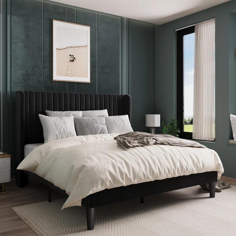 Candler Velvet Upholstered Platform Bed with Wingback Headboard and Wooden Slats