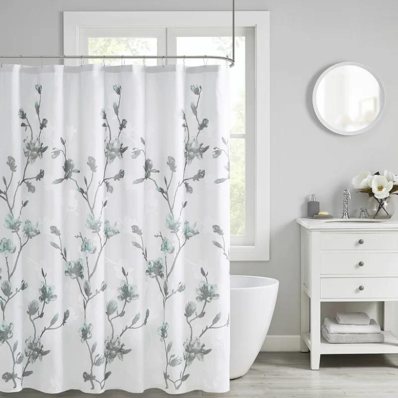 Magnolia Floral White and Blue Fabric Shower Curtain