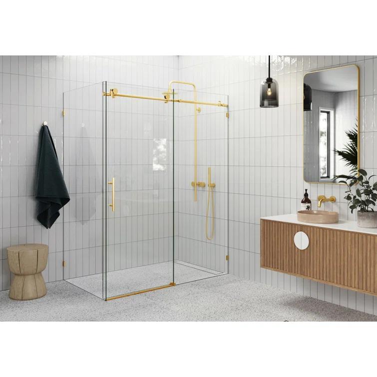 Glass Warehouse Nova 56 in. x 30 in. x 78 in. 90-degree Fully Frameless Sliding Glass Shower Enclosure 90SL-56-30-SB