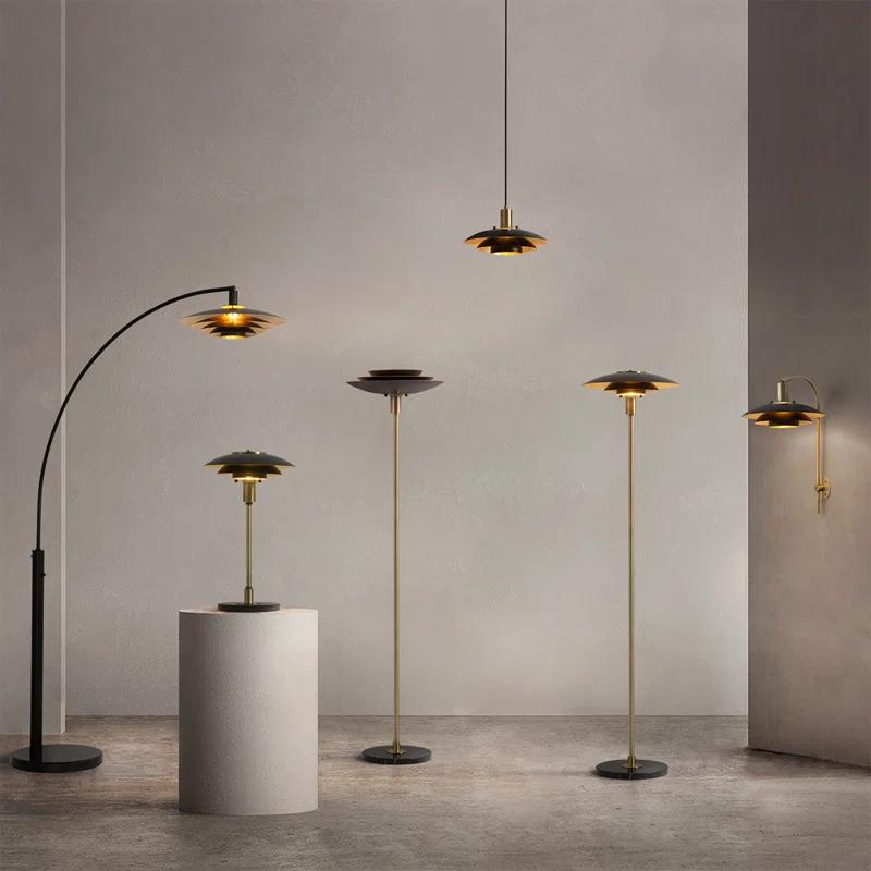 Rancho Mirage Torchiere Floor Lamp - Matte Black & Gold-Leaf Shade, Weathered Brass, Black Marble Base