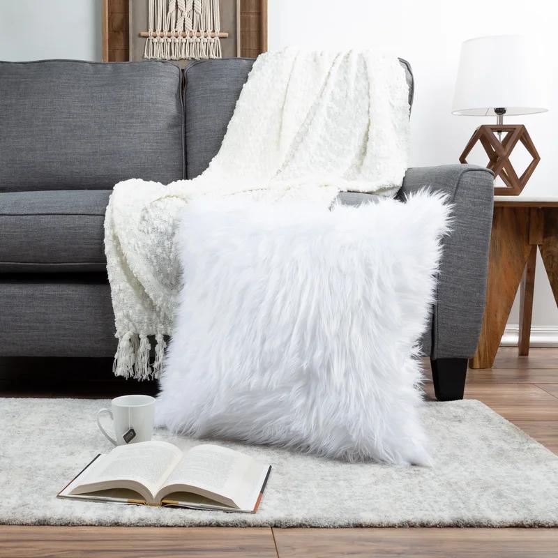 22'' White Faux Fur Square Pillow Set with Suede Back