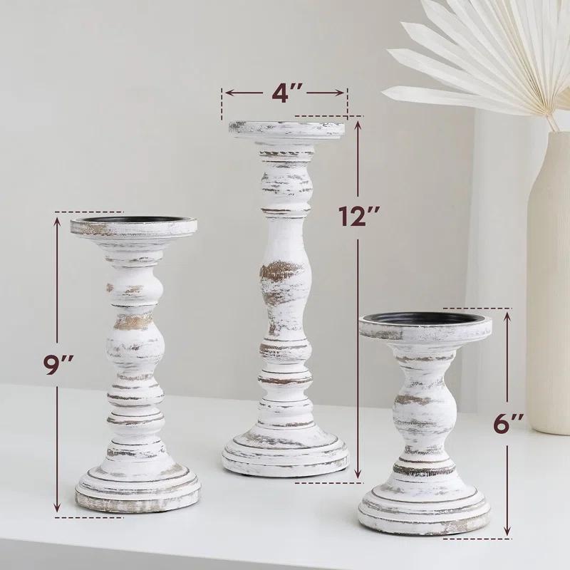 12'' Handcrafted Mango Wood Pillar Candle Holder Set – Rustic 3-Piece Set for LED Candles