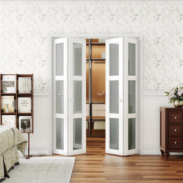 CHIC MODE Double Bifold Doors 3 Lite Frosted Glass Solid Manufactured Wood Prefinished Folding Door & Reviews | Wayfair