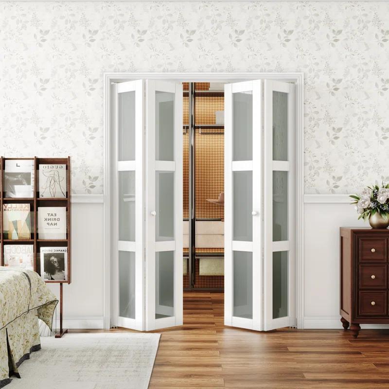 CHIC MODE Double Bifold Doors 3 Lite Frosted Glass Solid Manufactured Wood Prefinished Folding Door & Reviews | Wayfair