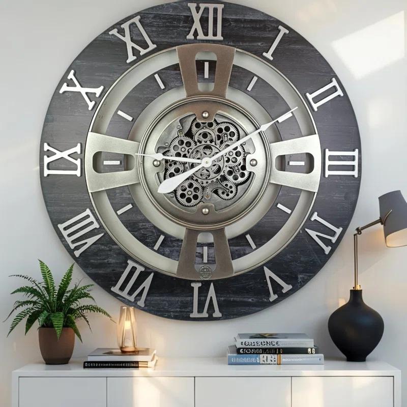 THE GEARS CLOCK Wall Clock with Real Moving Gears EN-LI_ 36 in Round Vintage-Black