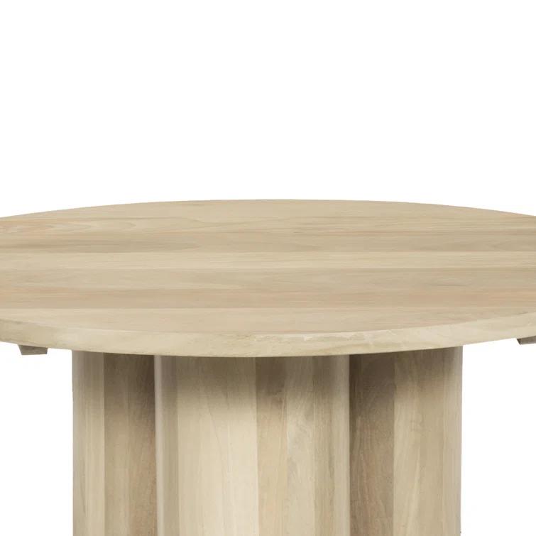 The Urban Port Hazel Coffee Table with 3 Pillar Legs, 35.5 Inch Round Top, Natural Brown Mango Wood