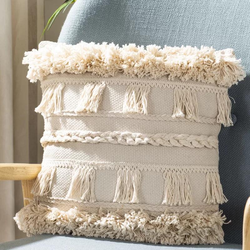 Beige Braided Tassel 16" Square Throw Pillow