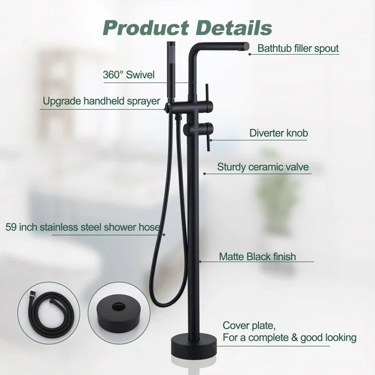 ARCORA Modern Single Handle Freestanding Tub Faucet, Floor Mount Tub Filler With Hand Shower AR9203600B