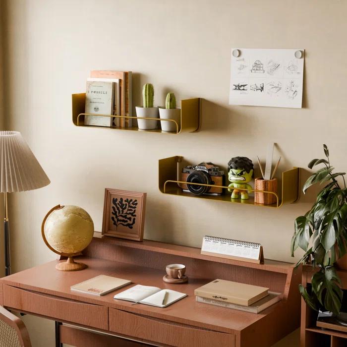 Mercer41 16 Inch Gold Floating Shelves Set Of 2, Modern Iron Bathroom Shelves With Guardrail, U-shaped Wall Mounted Shelf For Home Decor & Organizer, Display Shelf For Bathroom,kitchen,bedroom&any Room