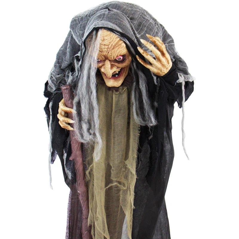 Haunted Hill Farm Life-Size Poseable Witch with Lights and Sound, Indoor/Covered Outdoor Halloween Decoration