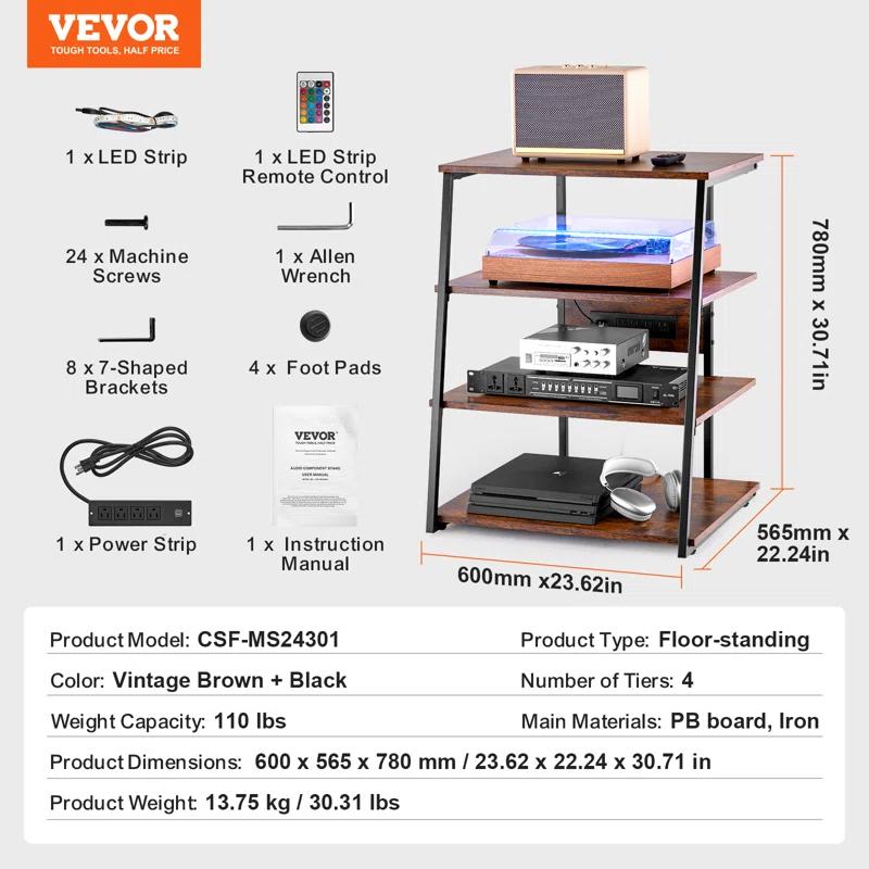 VEVOR 4-Tier AV Media Stand with Power Strips, Corner TV Stand with LED Lights, Height Adjustable Wooden Shelves