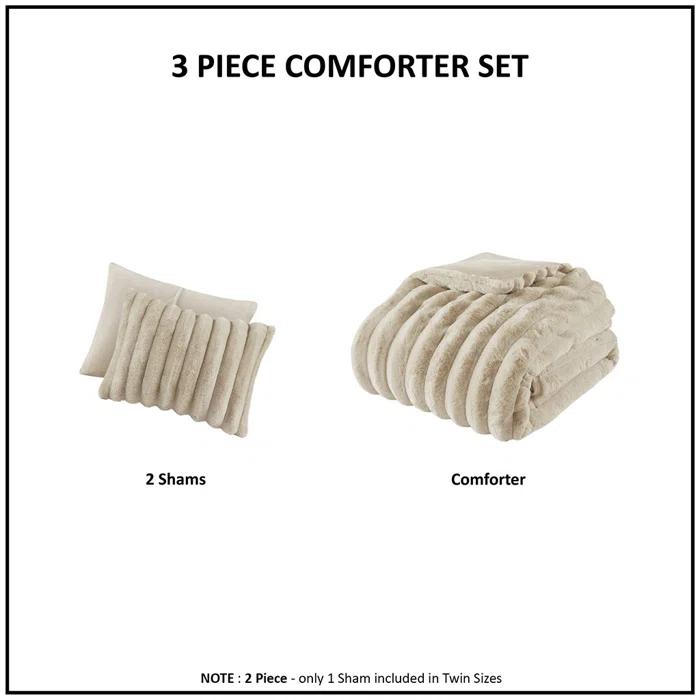 Madison Park Jasmine 3 Piece Ultrasoft Faux Fur Ribbed Comforter Set