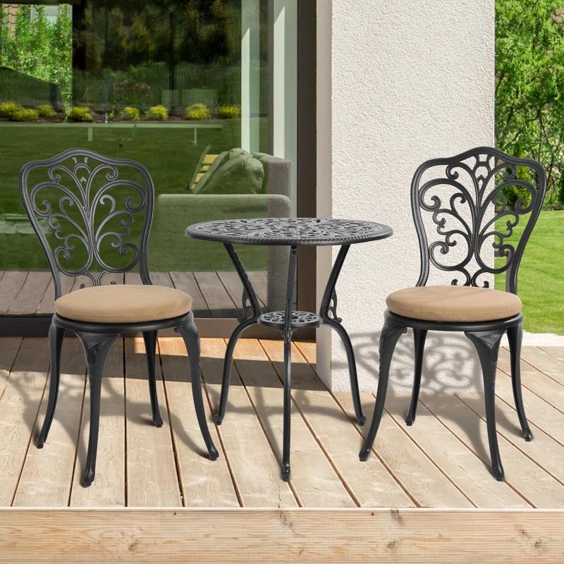 Astoria Grand 3 Piece Outdoor Patio Set Butterfly Pattern Cast Aluminum Bistro Table and Chairs Set of 2 with Cushion Black