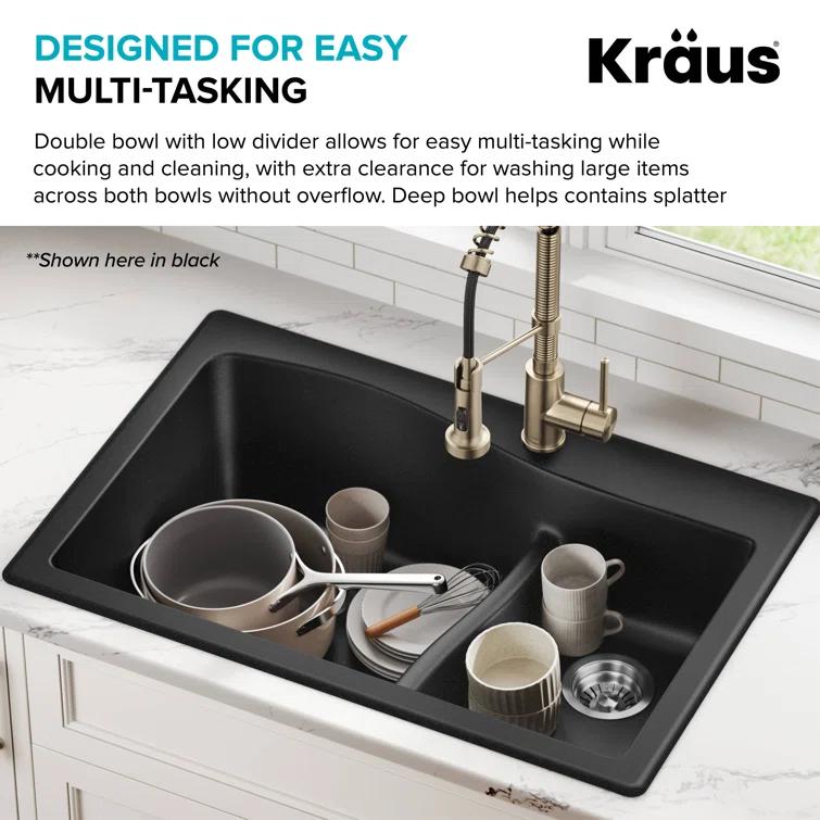 Kraus KRAUS Quarza™ 33" L Dual Mount 60/40 Double Bowl Granite Kitchen Sink KGD-442WHITE