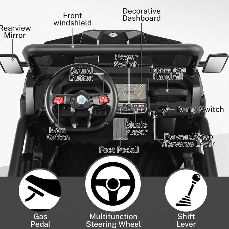 JOYRACER 24V 2 Seater Ride On Dump Truck with Remote Control , Electric UTV Car with Electric Dump Bed, 4WD Power Ride Cars W/6 Wheels Ride On Toys with Shovel Music Player