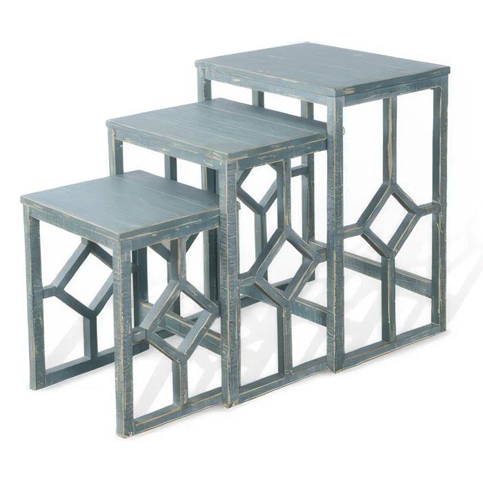 Benjara Rena 3 Piece Nesting Accent Table Set | Geometric Frame | Distressed Pebble Solid Mahogany Wood