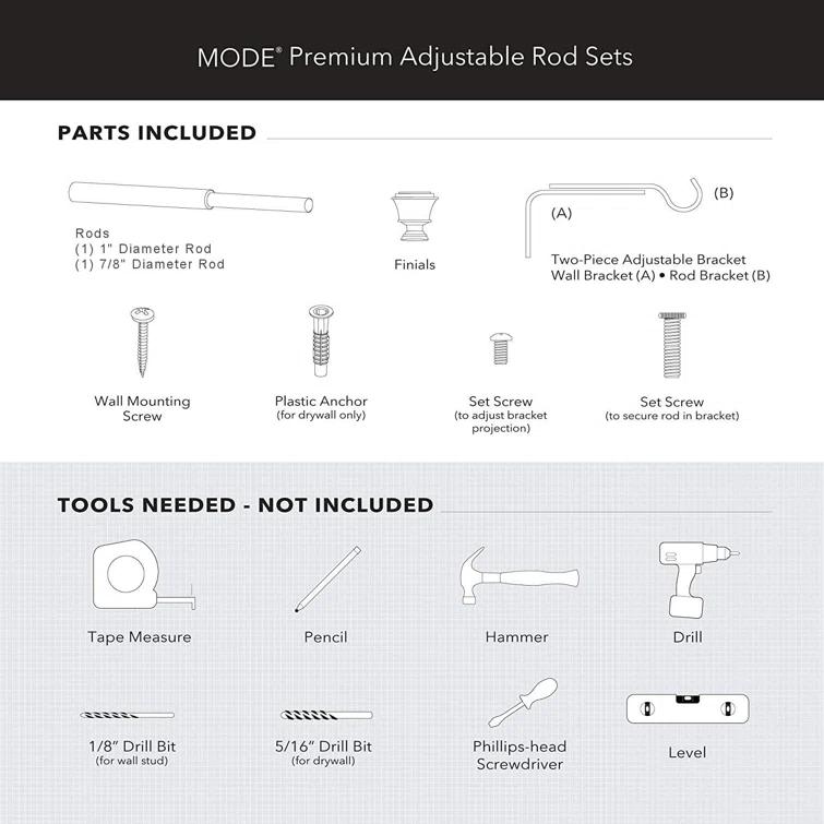 MODE Mode Premium Collection 1 Diameter Curtain Rod Set with Modern Ball Finials and Steel Wall Mounted Adjustable Rod