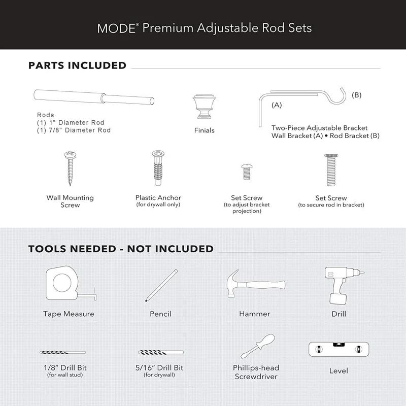 MODE Mode Premium Collection 1 Diameter Curtain Rod Set with Modern Ball Finials and Steel Wall Mounted Adjustable Rod