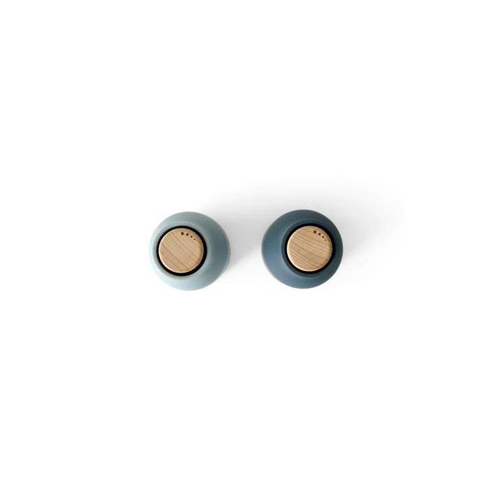 Blue and Beech Lid Bottle Shaped Salt and Pepper Grinder Set