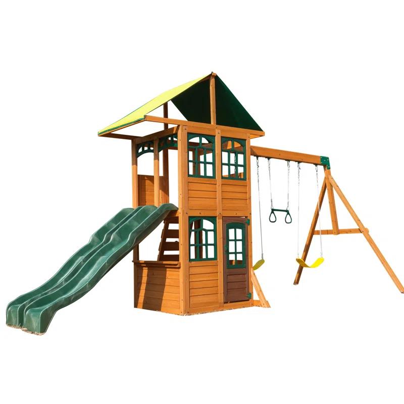 KidKraft Treasure Cove Wooden Swing Set with Slides and Rock Wall