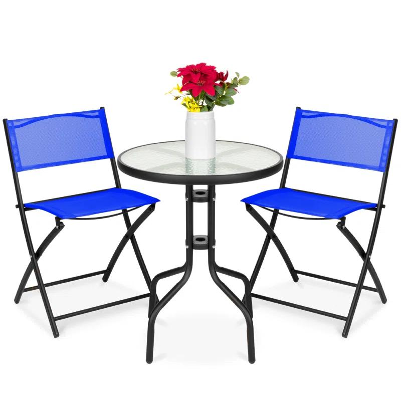 George Oliver 3-Piece Patio Bistro Dining Furniture Set W/ Glass Tabletop, Folding Chairs