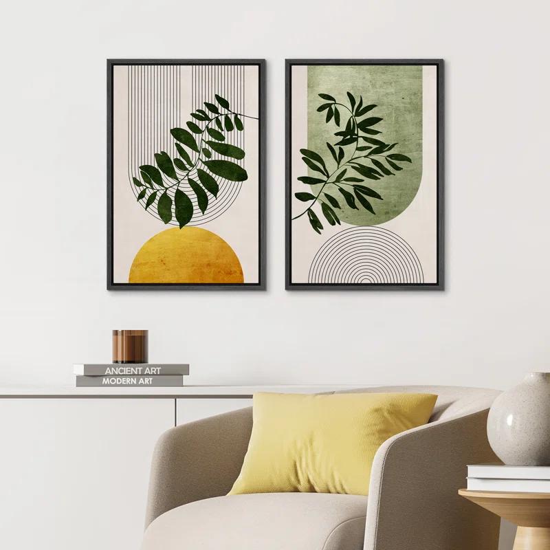IDEA4WALL Mid Century Modern Boho Green Yellow Bright Plant Art Framed Canvas 2 Pieces Print  Wall Art Set