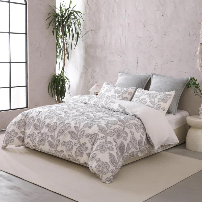 MeadowPark Cotton Clipped Jacquard Jacobean Floral Duvet Cover Set