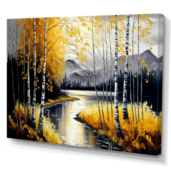 Design Art " Gray And Yellow Birch Trees By The Lake II " by Designart