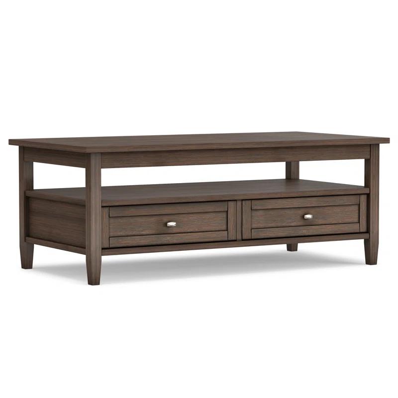 Simpli Home Warm Shaker 48"W Solid Wood Coffee Table with Two Storage Drawers and Open Shelf