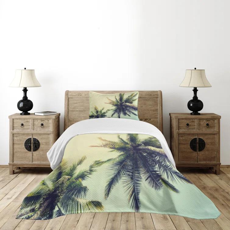 Ambesonne Ambesonne Palm Tree Bedspread Set Caribbean Coastline Ocean Pale Yellow Green Brown