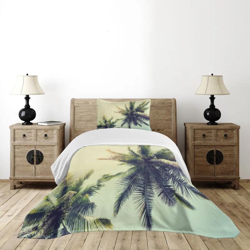Ambesonne Ambesonne Palm Tree Bedspread Set Caribbean Coastline Ocean Pale Yellow Green Brown