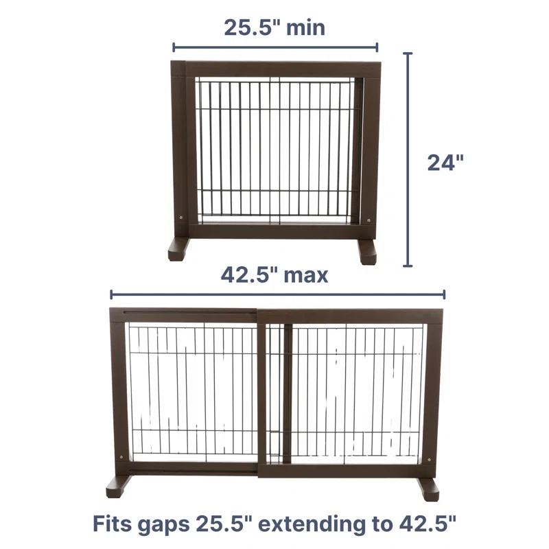 TRIXIE Adjustable Wooden Freestanding Pet Gate, 24" Tall Step Over, Expands to 42.5", Pet Barrier