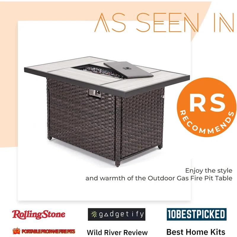 olilawn Olilawn Outdoor 43-Inch CSA Safety Approved Gas Fire Pit Table 50000 BTU Rectangle Propane Fire Pit with Ceramic Tile Top and Wicker Base
