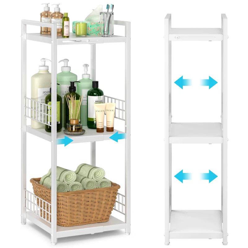 Expandable Slim Storage Shelf, 3 Tier Metal Shelving Unit For Bathroom Storage Organizer, Free-Standing Narrow Shelf, Open Floor Shelves For Small Spaces,Laundry,Bathroom,Kitchen, White