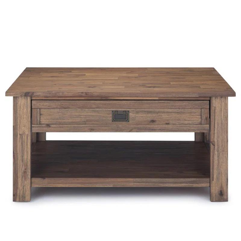 Simpli Home Monroe 38"W Solid Acacia Rustic Square Coffee Table with Large Drawer and Open Shelf