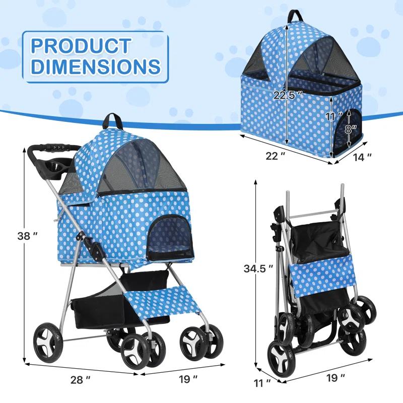 Magshion Foldable Pet Dog and Cat Stroller with Adjustable Canopy Storage Basket and Cup Holder for Small and Medium Pets