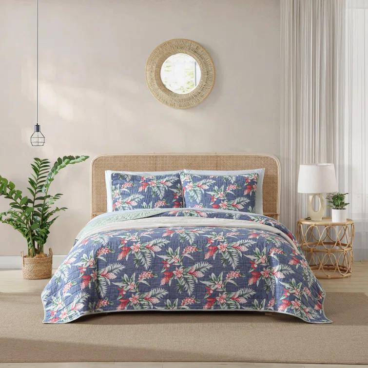 Eddie Bauer Tommy Bahama Floral Enchantment Cotton Reversible Blue Quilt Set