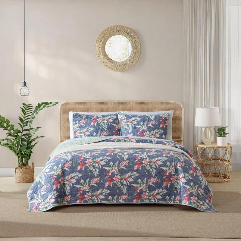 Eddie Bauer Tommy Bahama Floral Enchantment Cotton Reversible Blue Quilt Set