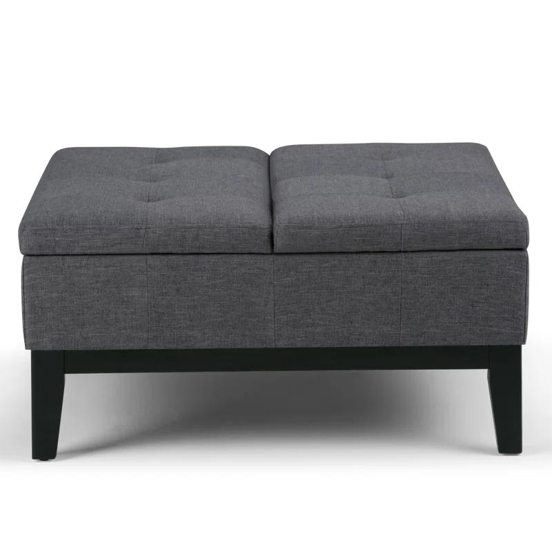 Simpli Home Dover 36"W Upholstered Square Coffee Table Storage Ottoman with Split Tufted Lift Top