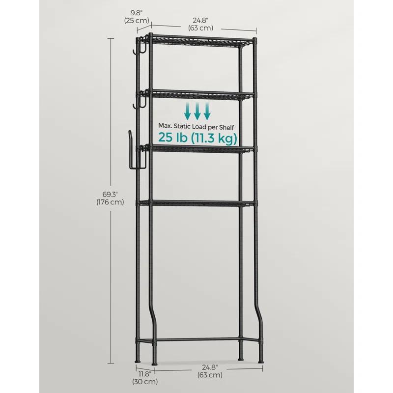 SONGMICS 4 Tier Over The Toilet Storage, Metal Storage Rack, Adjustable Shelves, 4 Hooks, Roll Holder, Space-Saving Bathroom Storage Shelf Organizer, 11.8 x 24.8 x 69.3 Inches, Black UBTS013B01
