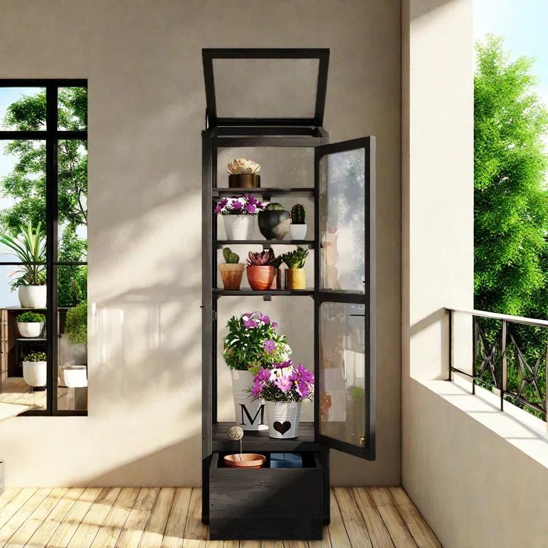 mosaicmotifco Wood Garden Greenhouse Balcony Portable Mini Cold Frame With Movable Storage Box, Adjustable Shelves And 1 Drawer