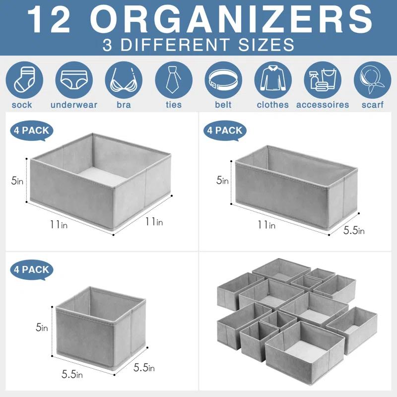 Corrigan Studio® Drawer Organizer For Clothing, 12 Pack Sock Underwear Drawer Organizer Bins, Foldable Fabric Closet Organizers And Storage, Dresser Drawer Dividers For Baby Clothes, Bra, Scarves, Belt, Tie