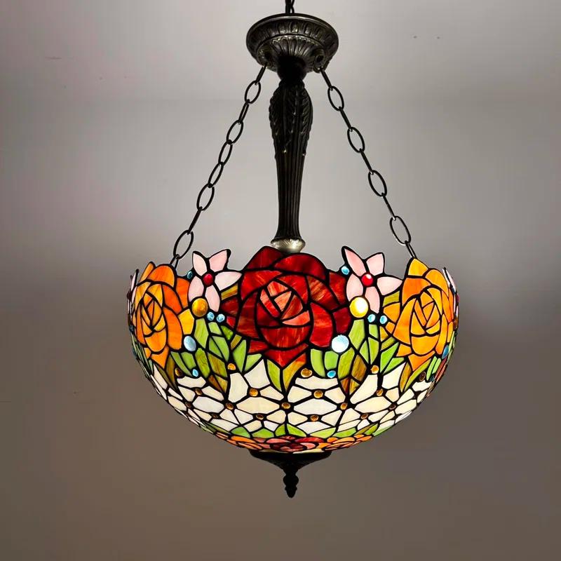 ENJOY DECOR LAMPS Tiffany Chandeliers Pendant Lamps Red Orange Stained Glass Rose Flowers LED Bulbs 16"W*16"D*60"H