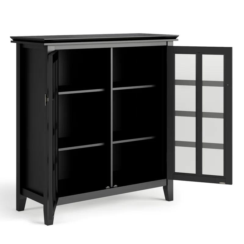 Simpli Home Artisan 38"W Solid Wood 4-Shelf Medium Storage Cabinet with Glass Doors and Adjustable Shelves