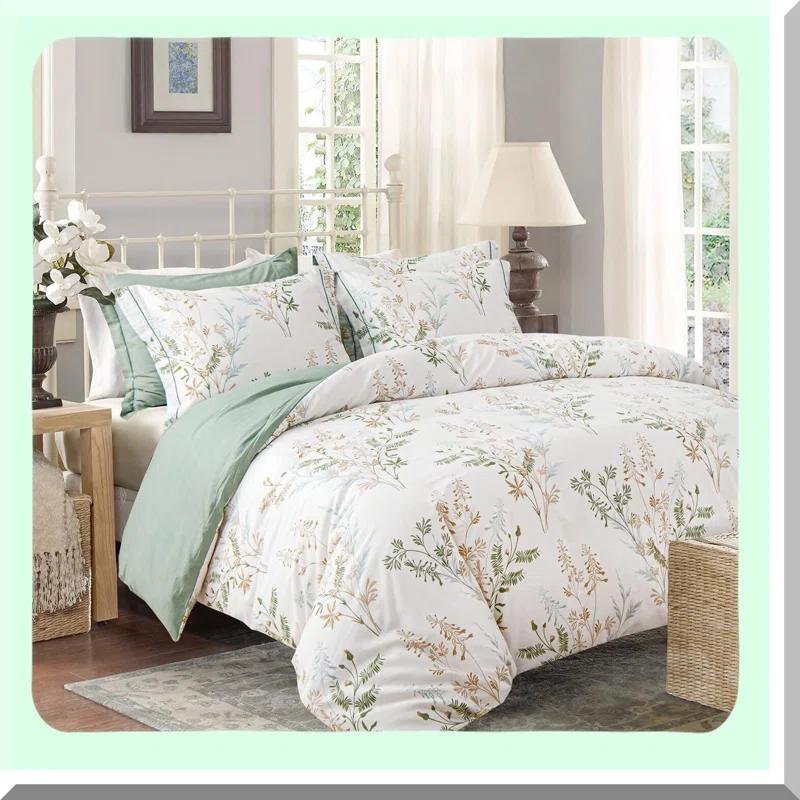 Red Barrel Studio® Botanical Bliss Cotton Comforter Set - Green & Tan Gray Leaves, Reversible Floral Bedding, Lightweight 3pcs Bed Set, Natural Comfort, Queen Size